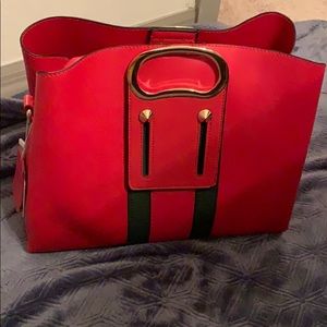 Red with green stripe leather tote purse